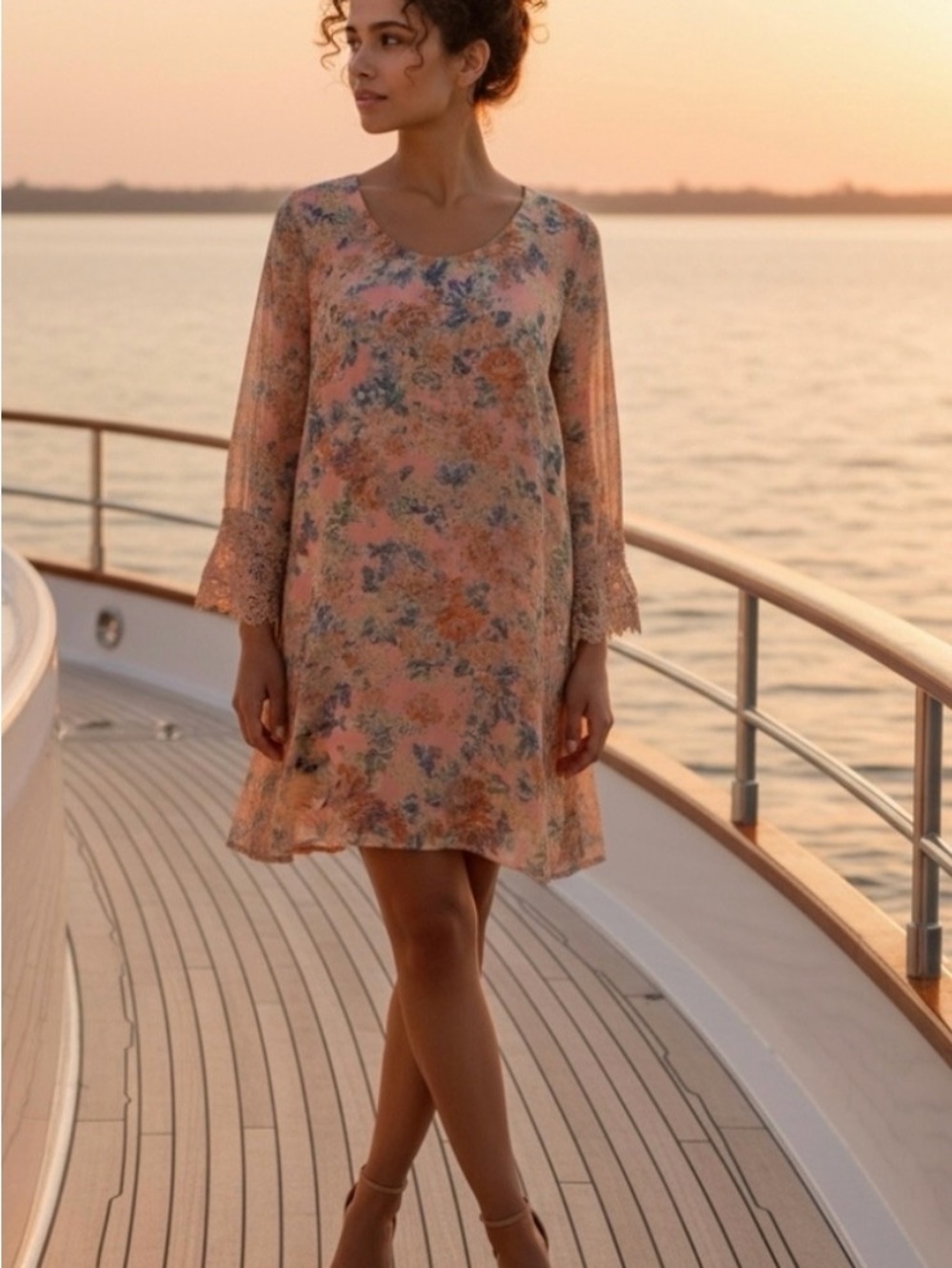 ASTR Floral Peach Scoop-Neck Bell-Sleeve Dress